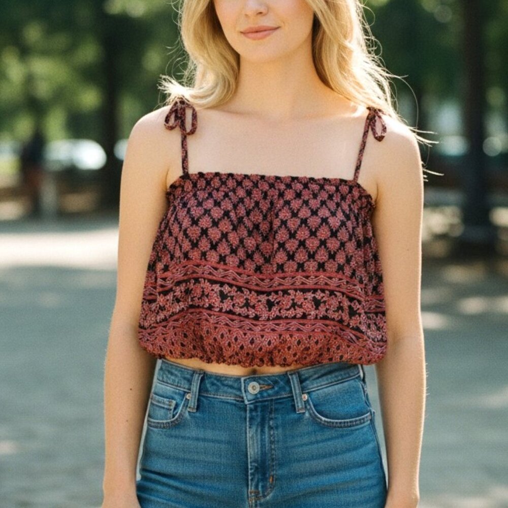 Elan Boho Tie Strap Crop Top M | Navy Coral Print Elastic Hem
